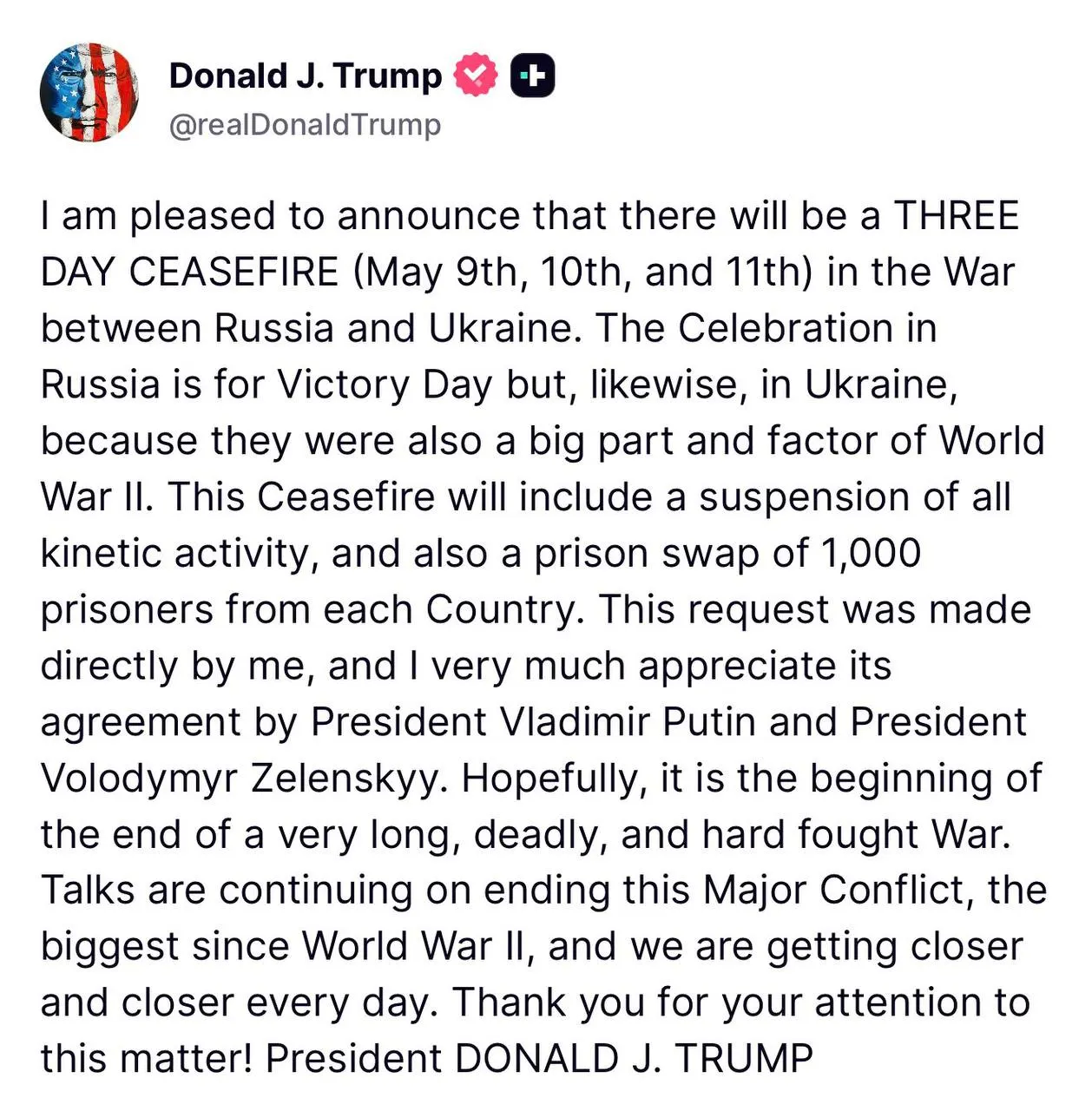 Дональд Трамп сообщил о своей инициативе обмена пленными между Россией и Украиной по формуле «1000 на 1000», которая должна сопровождать трёхдневное прекращение огня 9–11 мая.