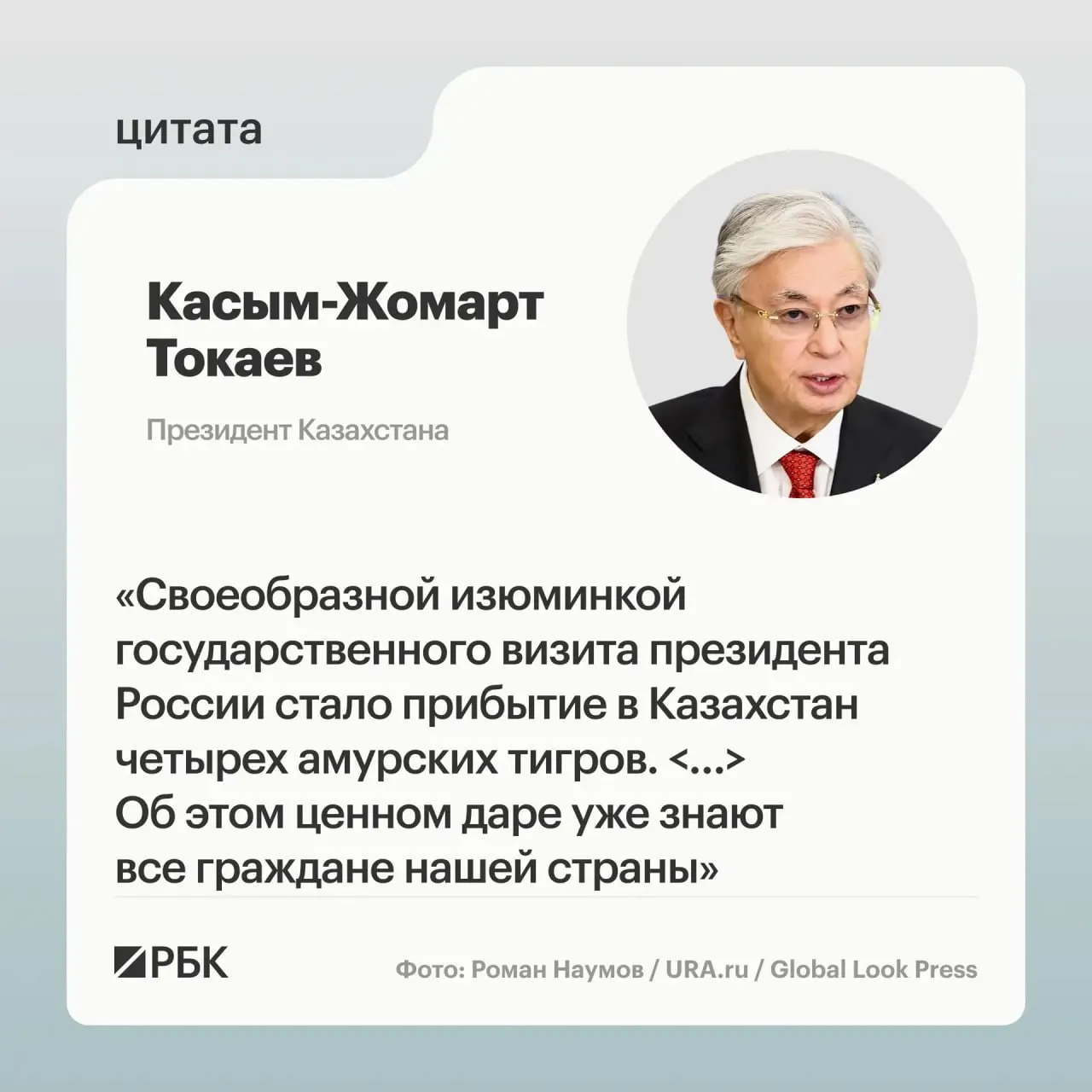Главам России и Казахстана представили презентацию о семье амурских тигров, переданной в Астану. Передача животных прошла после обращения Казахстана за помощью в восстановлении популяции вида, на которую откликнулась Россия.