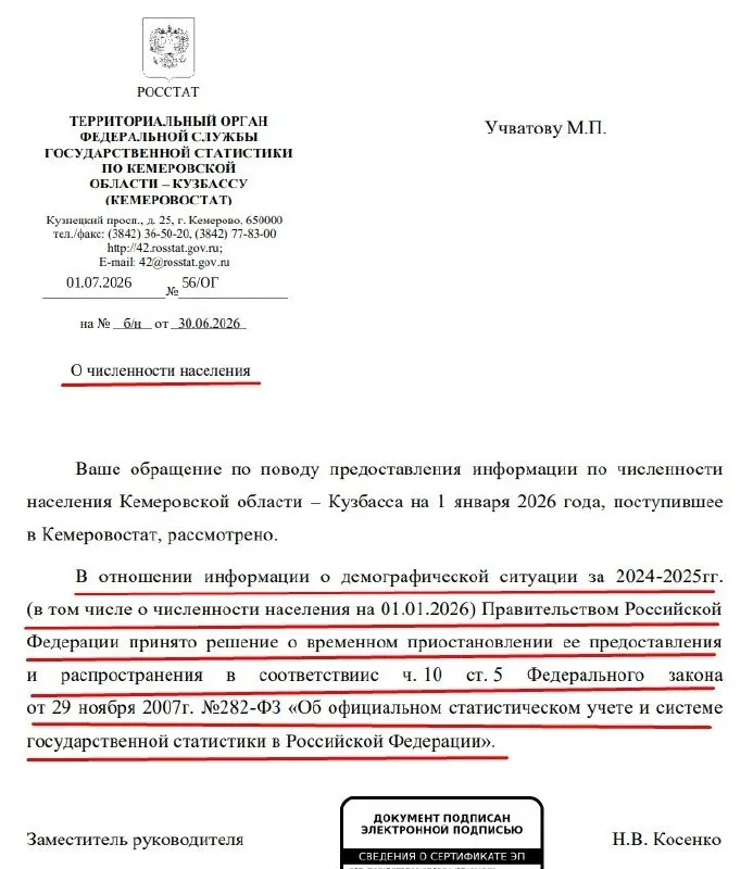 Правительство РФ временно приостановило предоставление официальных данных о численности населения по регионам — об этом говорится в ответе Кемеровостата и в изменениях к федеральному закону.