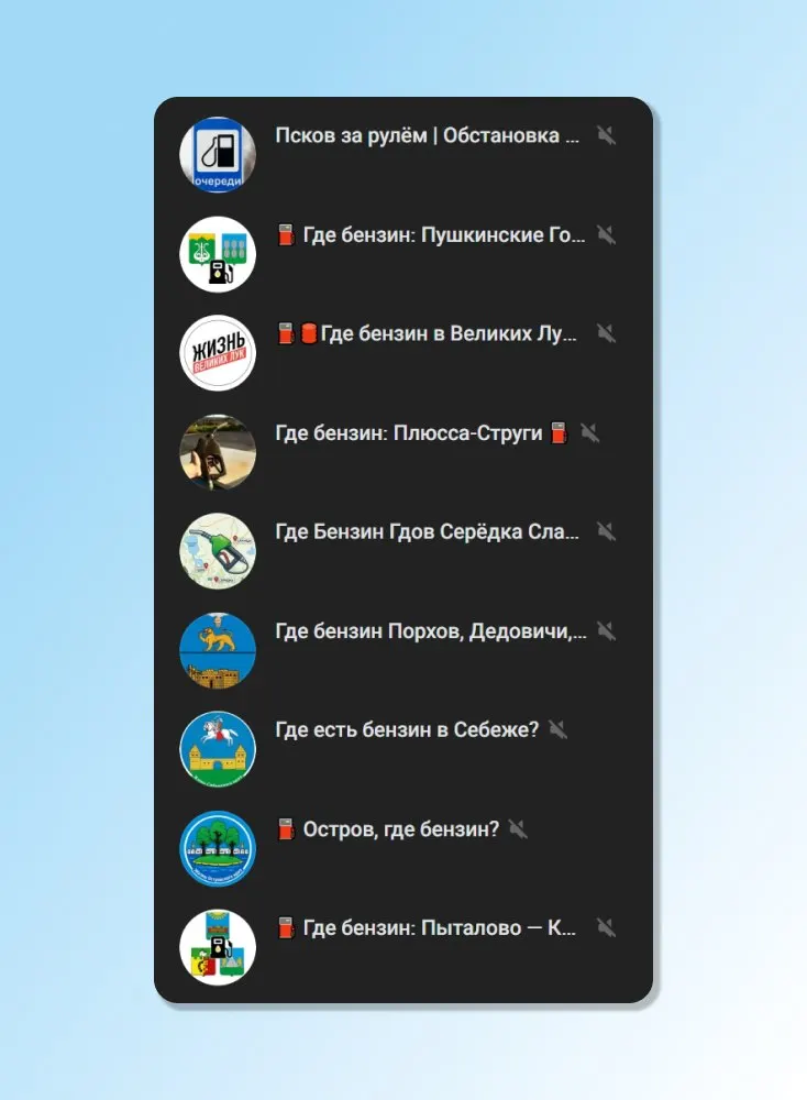 По состоянию на 4 июля в регионе насчитали девять сообществ для поиска бензина. Три новых чата охватывают Порхов, Дедовичи и Дно; Гдов и прилегающие населённые пункты Ленобласти; а также Пыталово, Красногородск и Опочку.