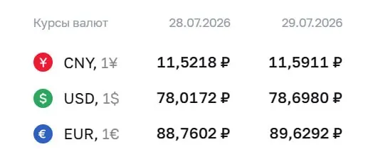 Официальный курс на 29 июля: доллар — 78,7 ₽, евро — 89,63 ₽, юань — 11,59 ₽. Для доллара это максимальный уровень с 8 апреля. Курс ЦБ используется для расчётов по ряду финансовых инструментов.